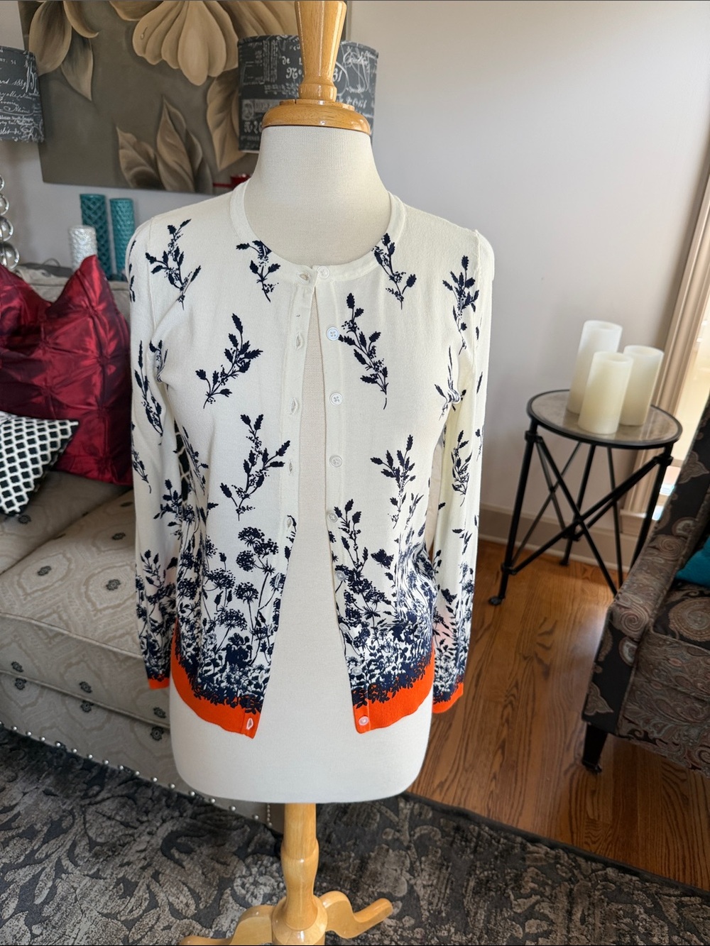 Talbots Floral Print Cardigan with Orange Trim
